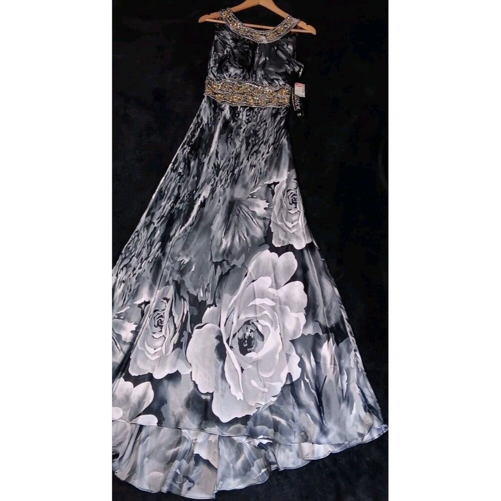 NWT! Masquerade Beaded Halter Prom Dress Gown 7/8 Gray Black Floral Abstract Y2K